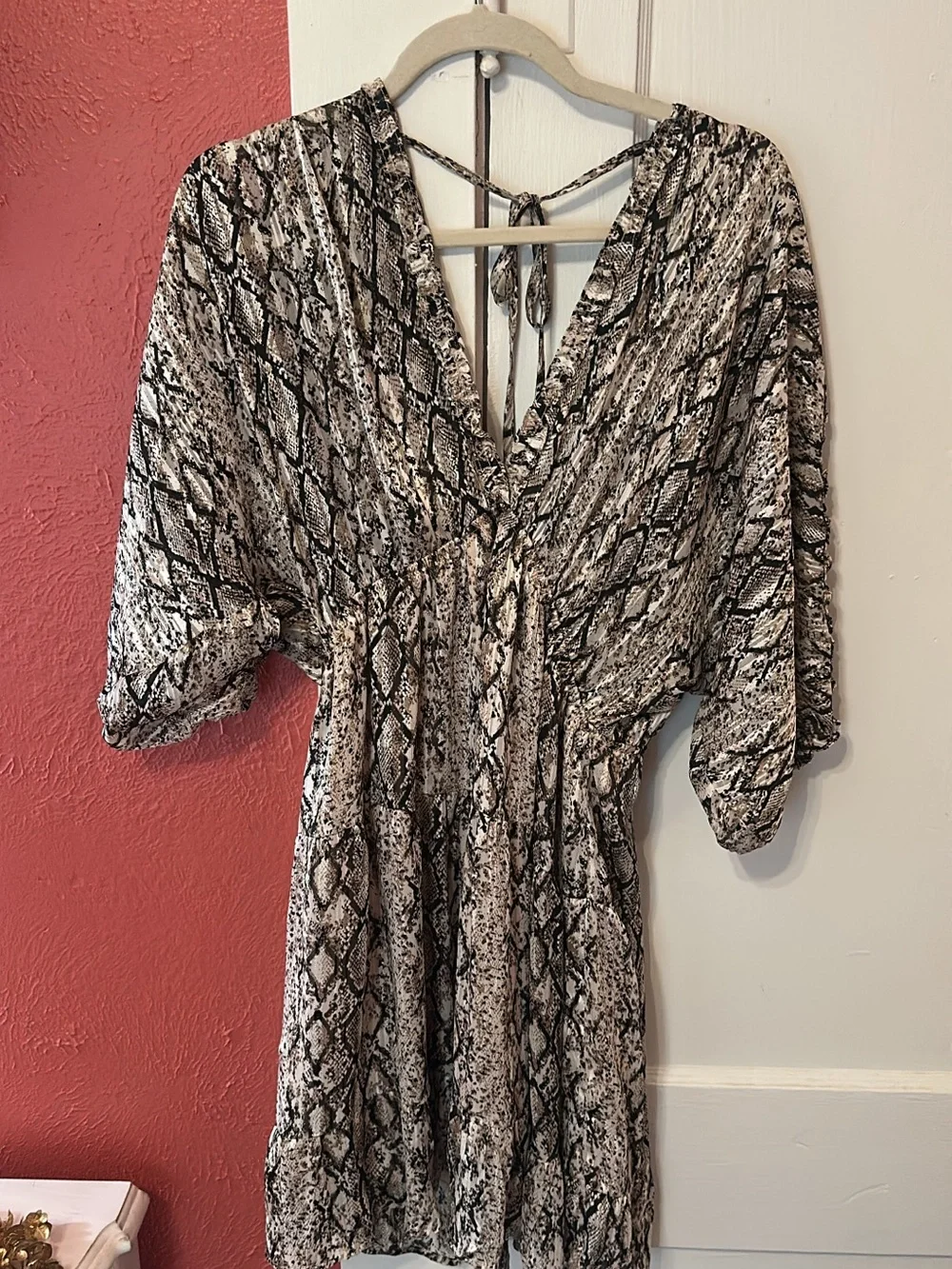 V-Neck Snake-Print Mini Dress in Black and Cream - Picture 2 of 2